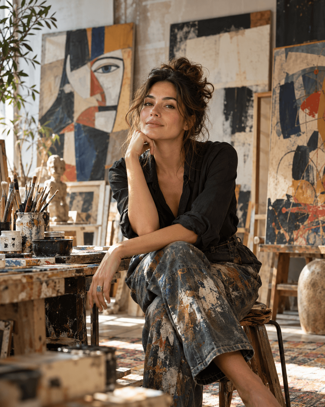 Artist working in a warm, light-filled studio